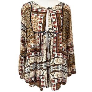 Cleobella Womens Tunic Top XS Brown Bell Sleeves Boho Peasant Hippie Patchwork